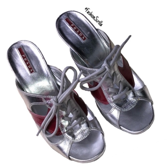 PRADA Vintage Sport Metallic Silver - Berry Red Y2K Heels - Picture 5 of 5